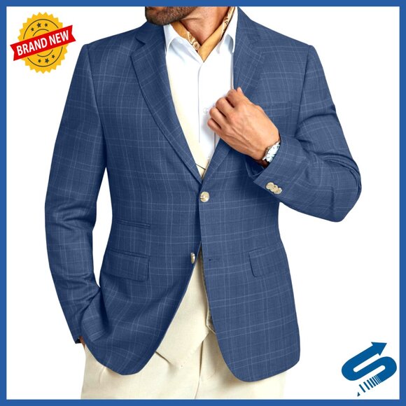 Slim Fit Blazer Sport Coat Plaid Fabric Lightweight Casual Business Wear